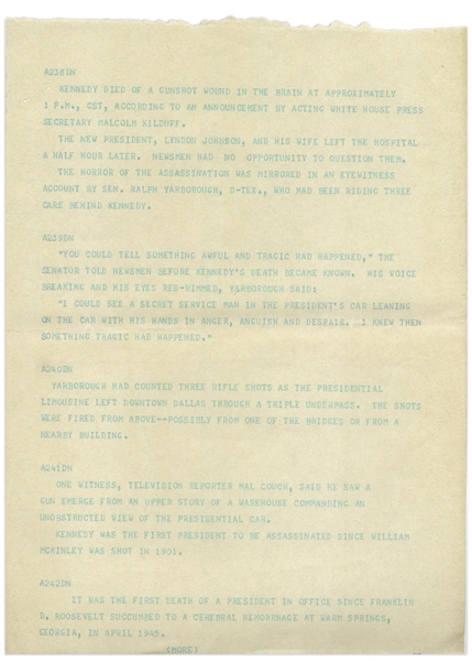 AP Wire Teletype From 22 November 1963 Regarding the Assassination of John F. Kennedy -- ''I could see a Secret Service man in the President's car...with his hands in anger, anguish and despair...''
